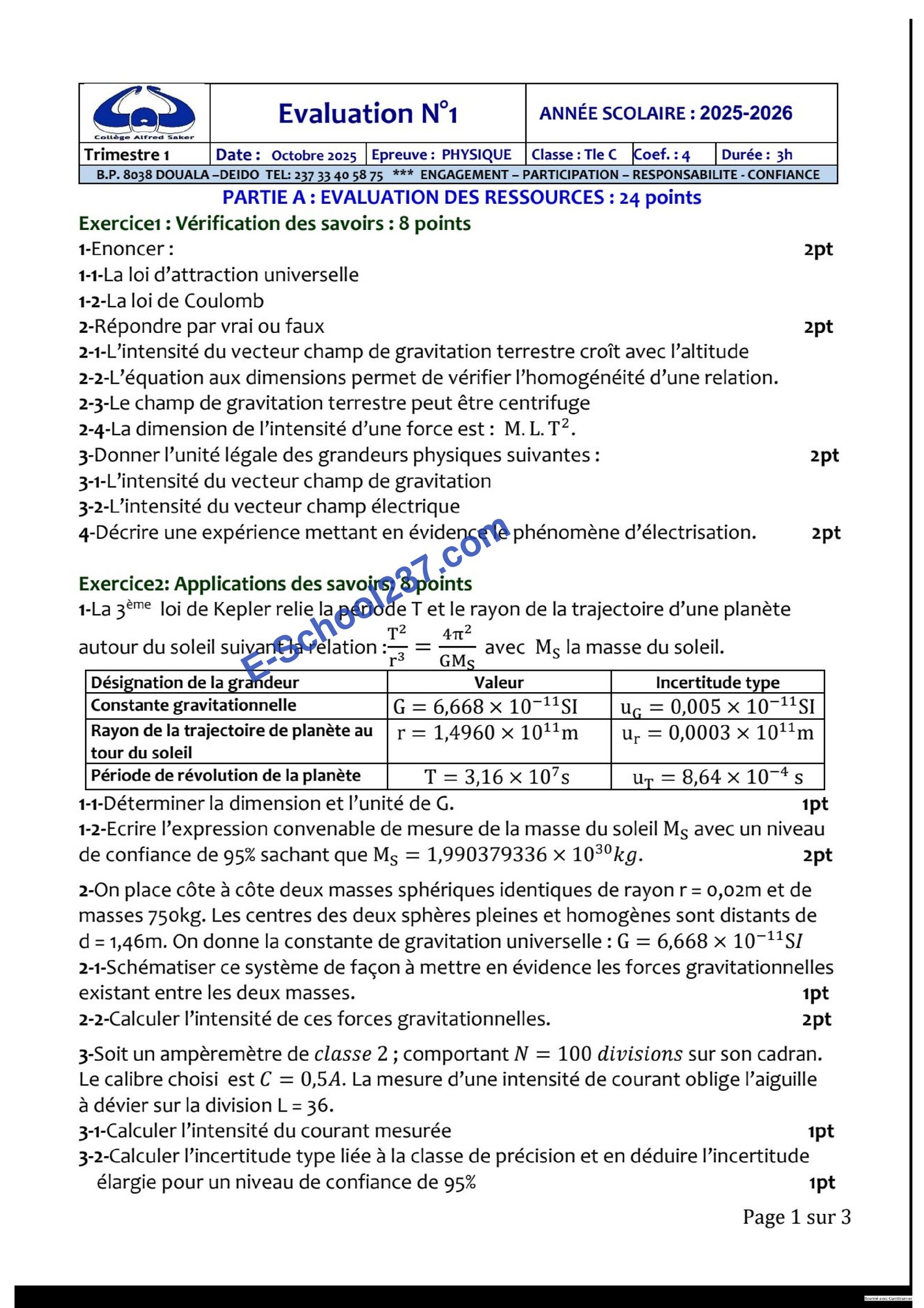Collège Alfred saker eval 1_Physique_Tle C_2025-26